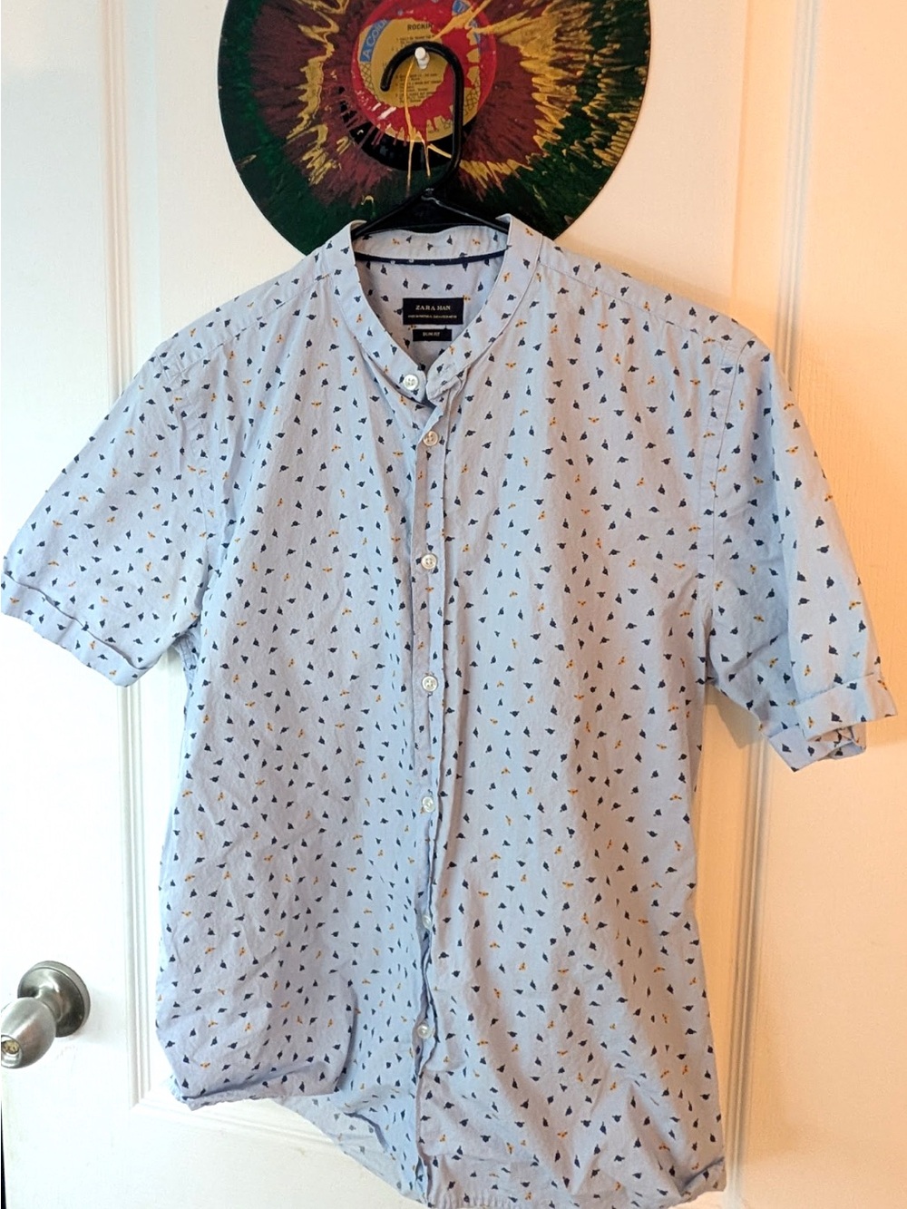 Zara Light Blue Short-Sleeve Shirt with Black and Mustard Triangle Print